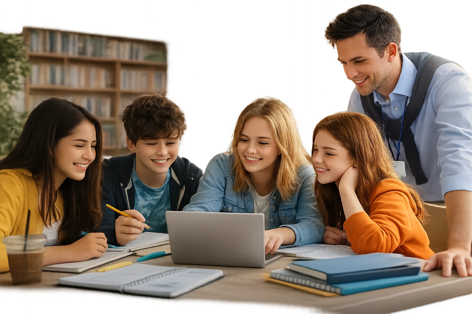 Adolescentes trabajando en equipo con el acompañamiento de un orientador escolar